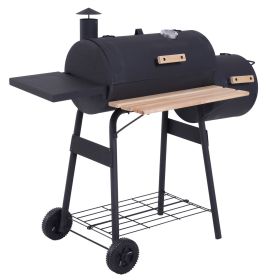 Charcoal BBQ, Portable Grill with Wheels, All-in-One Grill, Side vent, Two Shelves and Metal Grating, Lit-Mounted Thermometer, Wooden Handle
