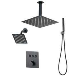 Shower Faucet Set, 12 Inch Thermostatic Ceiling Mount Rainfall Shower System with 6 Inch Wall Mount Head and 2 in 1 Handheld Spray (Color: Matte Black, Top Spray Showerhead Size: 12 inch)