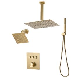 Shower Faucet Set, 12 Inch Thermostatic Ceiling Mount Rainfall Shower System with 6 Inch Wall Mount Head and 2 in 1 Handheld Spray (Color: Brushed Gold, Top Spray Showerhead Size: 12 inch)